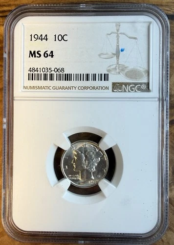 1944 MS64 Mercury Silver Dime - MS 64 NGC Flashy White. Free Shipping.