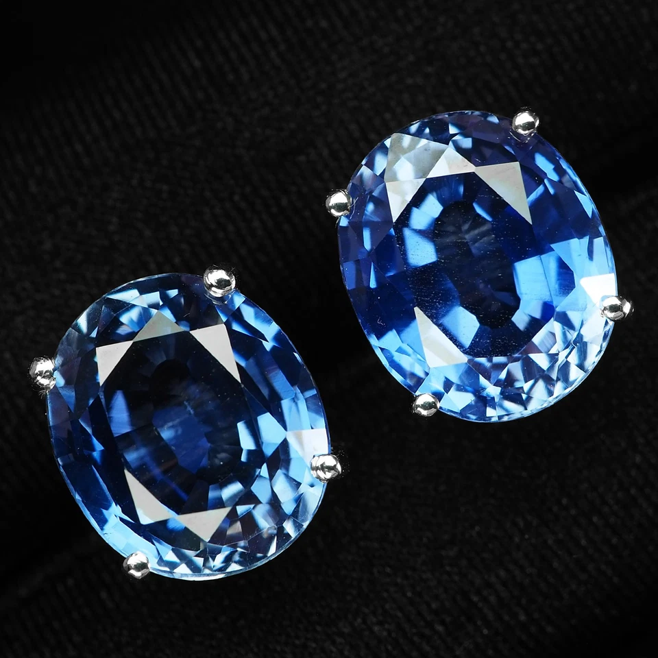 珍贵皇家蓝色蓝宝石 14.50 克拉 925 纯银白金耳环 — 第 3/4 张图片