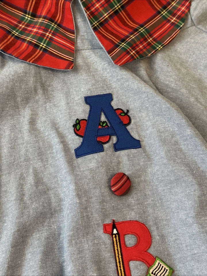 Vintage 1980s Peaches’ N Cream Blue & Plaid School Dress Size 2T Embroidered ABC - Image 4 of 4