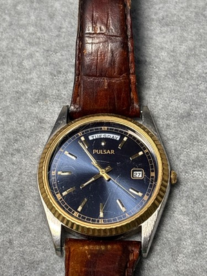 #ad Pulsar Mens Watch Blue Dial Gold Tone Bezel Brown Leather Band Japan Vtg $28.58