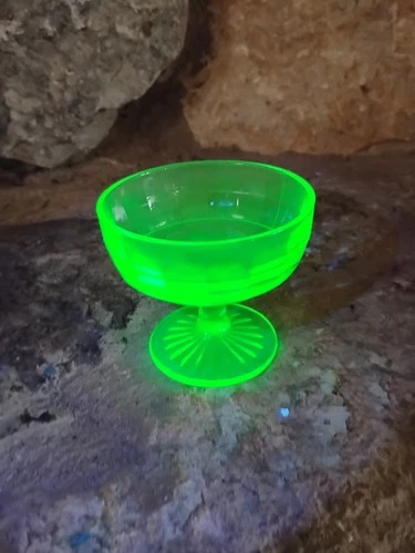 Vintage Uranium Glass Block Optic Sherbet Cup Style 2, Good Condition
