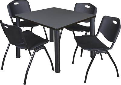 Kee 42'' Square Breakroom Table with 4 Black 'M' Stack Chairs - Grey/Black