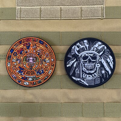 2 Set Aztec Mayan Warrior Doomsday Calendar Sun Stone Patch Hook Loop 3.6 