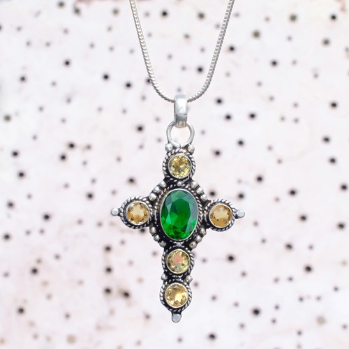 Diopside Citrine Gemstone Jewelry Pendant 925 Sterling Silver Handmade Cross - Picture 3 of 8