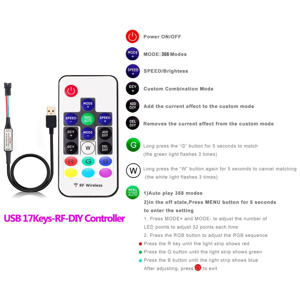 WS2811 WS2812B LED Pixels Strip Light Controller USB DC RF Remote Controller - Picture 7 of 38