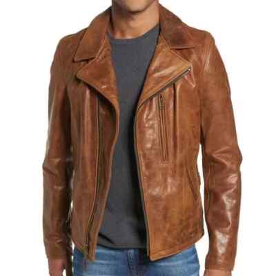 Men's Leather Jacket Brando Jacket Pure Tan Brown Lambskin Biker Cafe Racer Coat