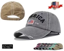 Embroidered USA American Flag Est. 1776 Distressed Adjustable Baseball Hat Cap