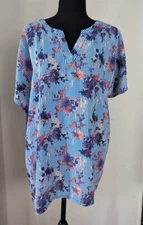 Attention Plus Women's 1X Blue Striped Floral Semi Sheer Flowy V Neck Top Shirt