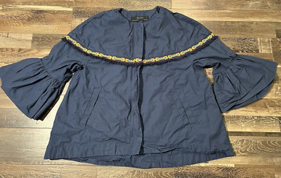 ZARA BASIC Outerwear Blouse Sz Medium Navy Blue Zip Ruffles Sleeve Women's