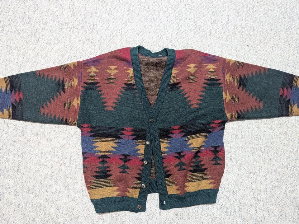 vintage 1990s thick wool INDIAN PRINT native american XL sweater CARDIGAN rrl - Image 3 of 4