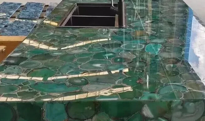 Mesa de comedor y centro de cuarzo con losa de encimera de cocina de ágata verde para decoración del hogar Foto 2 de 4