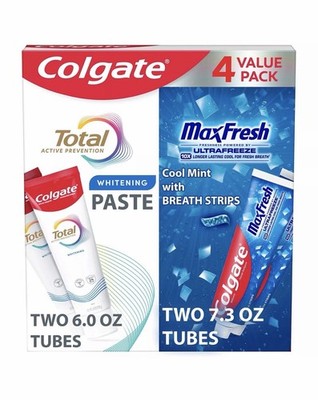 Colgate Total Whitening + Maxfresh Toothpaste, 4 Count (26.6 Ounce Total)- NEW