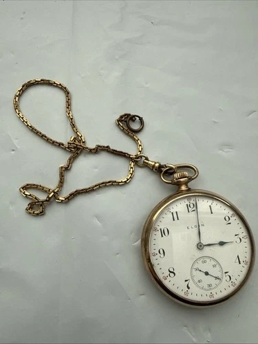 Vintage Elgin Pocket Watch Gold Tone Case w Original Chain Antique