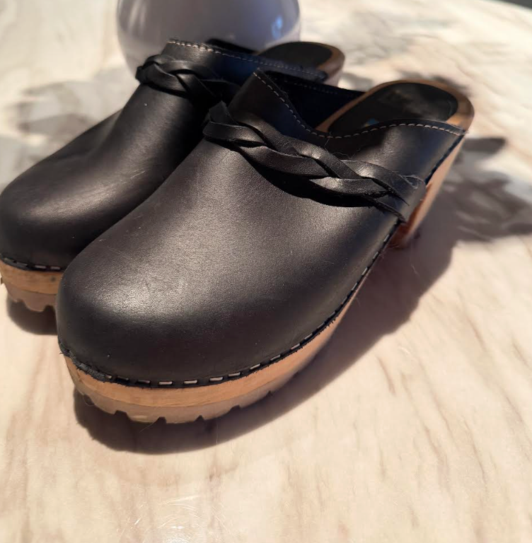 MIA Elsa Swedish Clogs Black Leather Wooden Platform Mules Womens