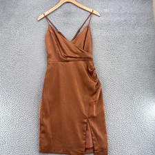 Lulus Dress Women Extra Small Hot Night Out Bronze Satin Surplice Faux Wrap Mini