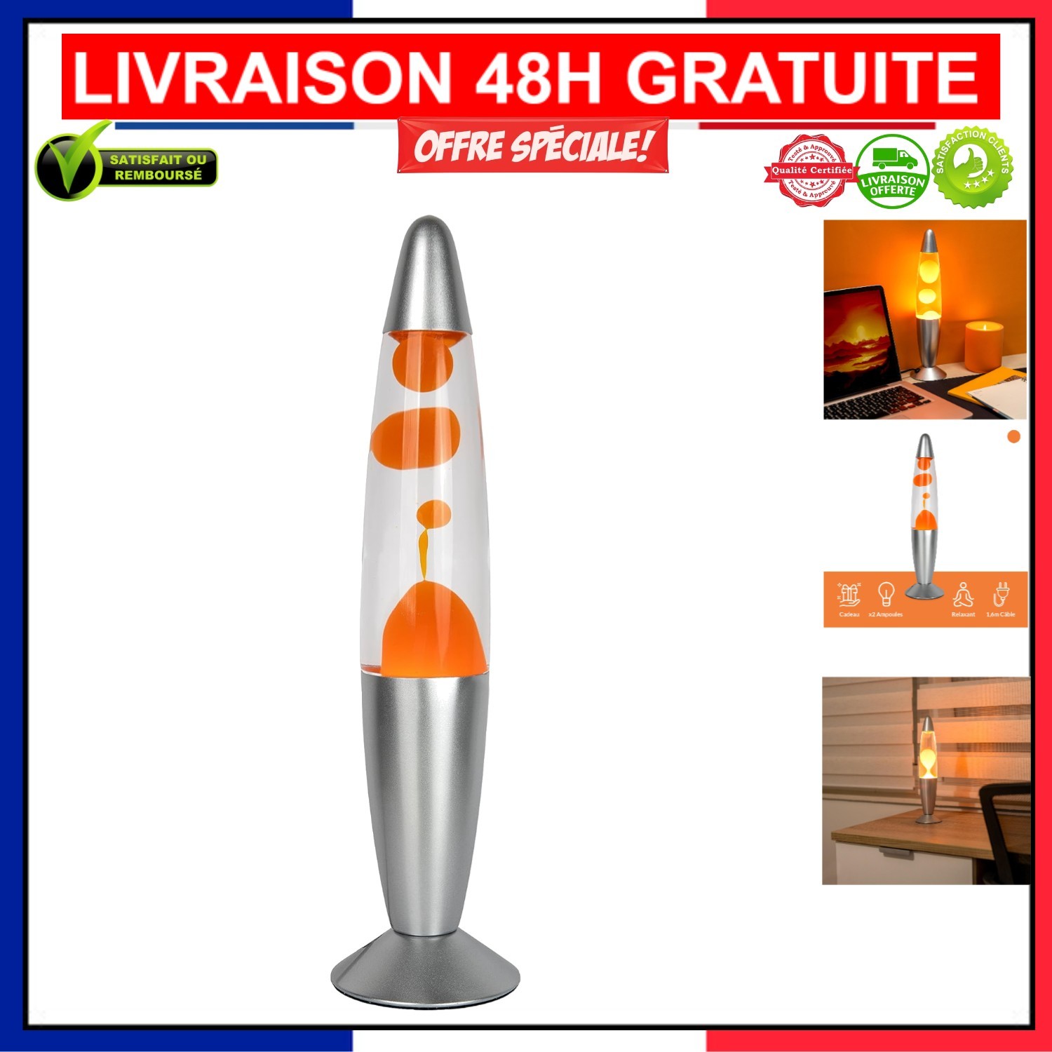 Lampe à lave rétro orange tactile 34 cm le cadeau design pour sublimer un bureau