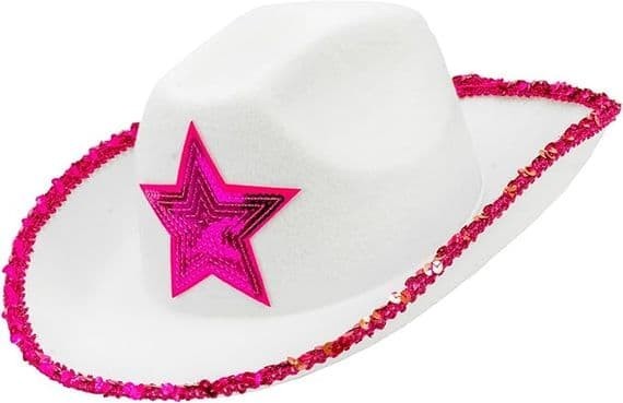Adult White Cowgirl Hat Pink Star Western Fancy Dress Accessory