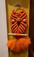Vintage Macrame Owl Handmade Hanger Small Orange Yellow Fall Color Fuzzy Tail 12