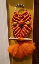 Vintage Macrame Owl Handmade Hanger Small Orange Yellow Fall Color Fuzzy Tail 12