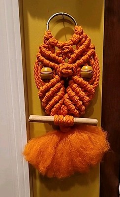 Vintage Macrame Owl Handmade Hanger Orange Yellow Fall Color Fuzzy Tail 12''