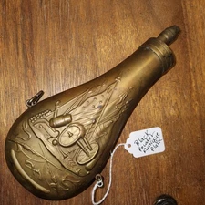 Made in Italy Brass Black Powder Flask/Horn w/ Embossed Cannon & American Flag 