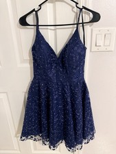 B. Darlin Blue Beaded Fit & Flare Dress V-Neck Sleeveless 1/2 Women