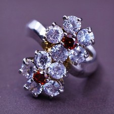 Size 6.75, vtg Sterling 925 silver handmade ring with crystal flower and ruby
