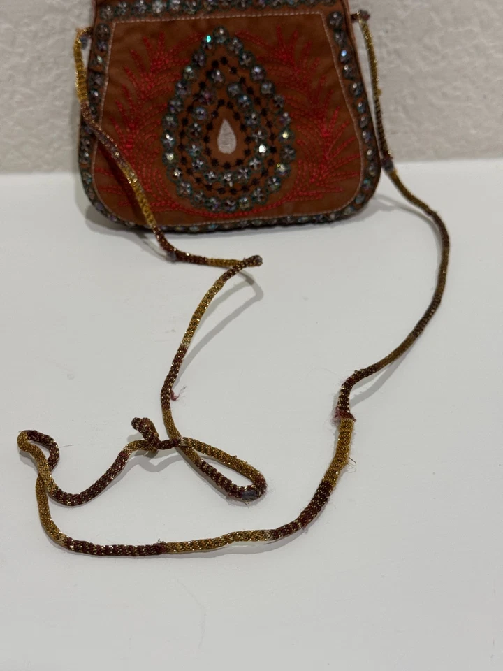 Vintage Embroidered Beaded Purse – Handmade Boho Crossbody Bag (5"x5.5") - Image 3 of 4