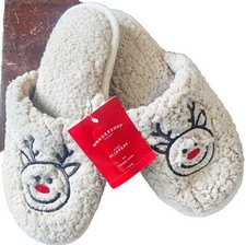 Kids Plush Tan Sherpa Reindeer Christmas Slippers Scuffs Small 4-5 
