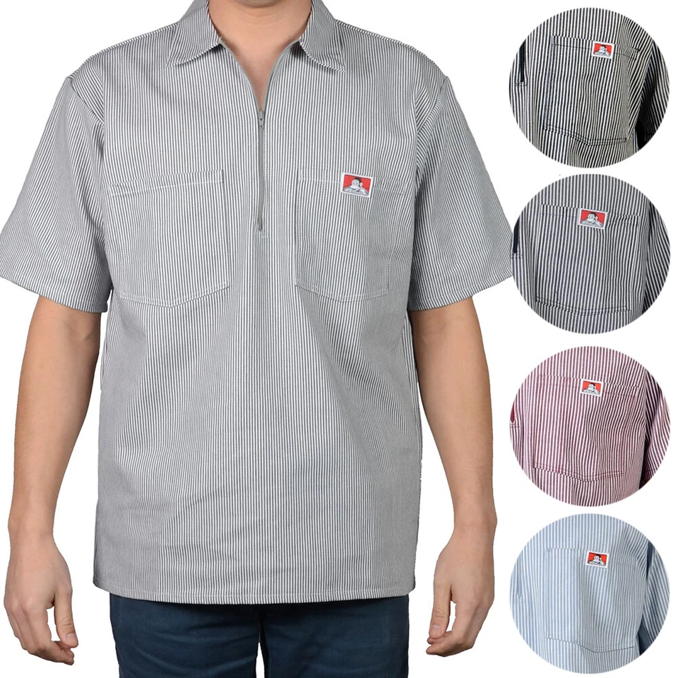 Ben Davis Men's Short Sleeve Color Stripe Cotton Blend Pockets 1/2 Zip Shirt