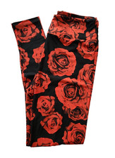Lularoe Red Roses OS Leggings Flowers on Black Beautiful NWOT 