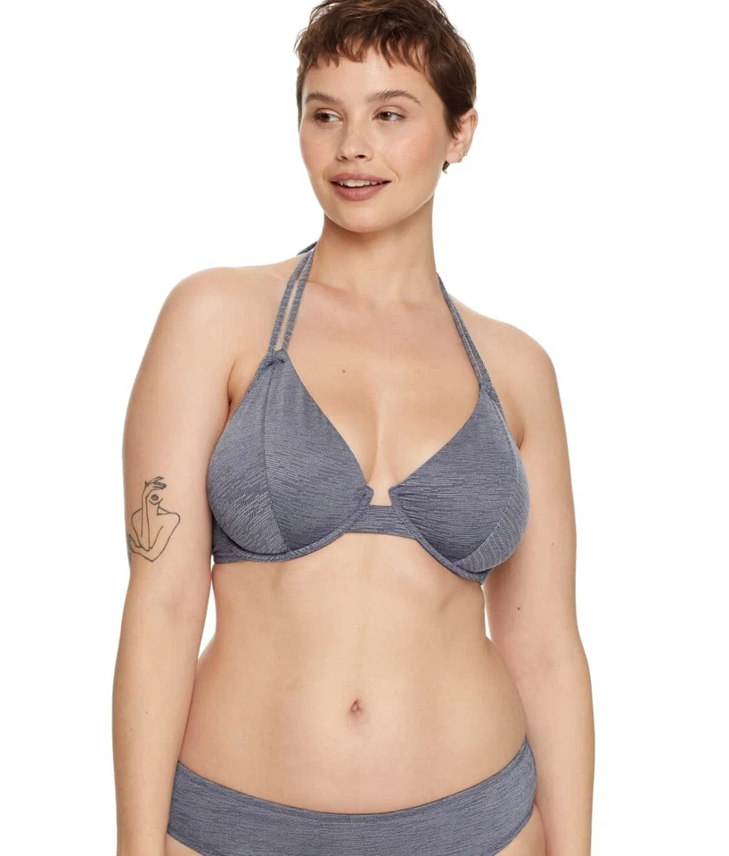 Miss Mandalay синий серебряный джинсовой ткани люрекс с бретелью через шею бикини плавать верх, США 34H, Великобритании 34ff - Изображение 4 из 4