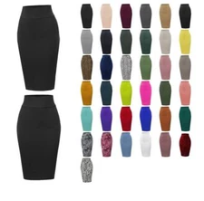 Basic Solid Ponte Knee Length Slit Techno Span High Waist  Pencil Skirt