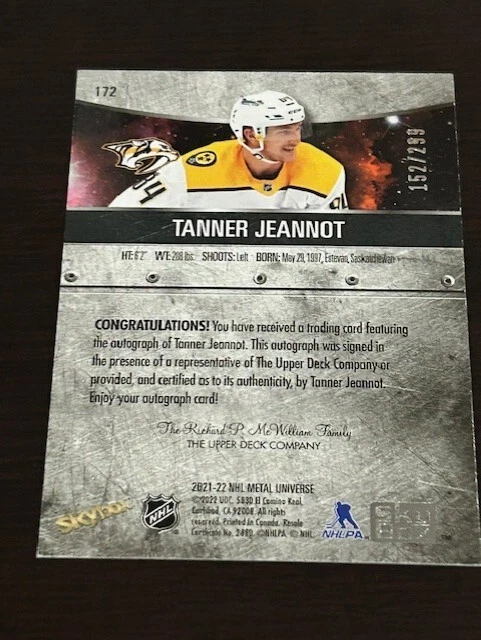Tanner Jeannot 2021-22 Skybox Metal Universe Autograph #172 /299  - Image 2 of 2