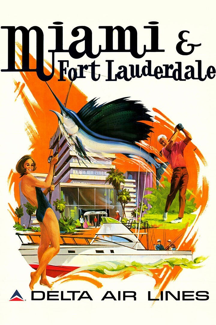 Delta Airlines Miami Vintage Print Painting Wall Art   | POSTER 24 X 36 Inches