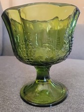 VTG MCM Indiana Glass Harvest Grape Green Compote Pedestal Candy Dish 7" 1960s