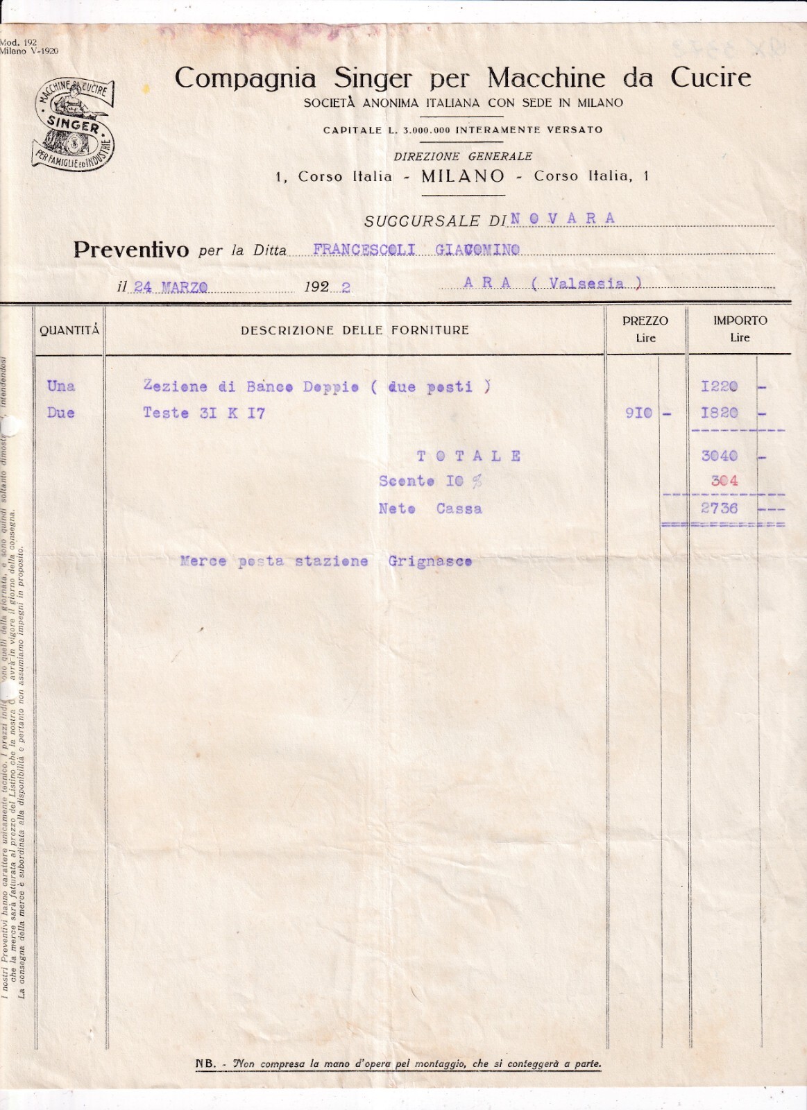 Fattura Milano Compagnia Singer per Macchine da Cucire 1922 QX3372