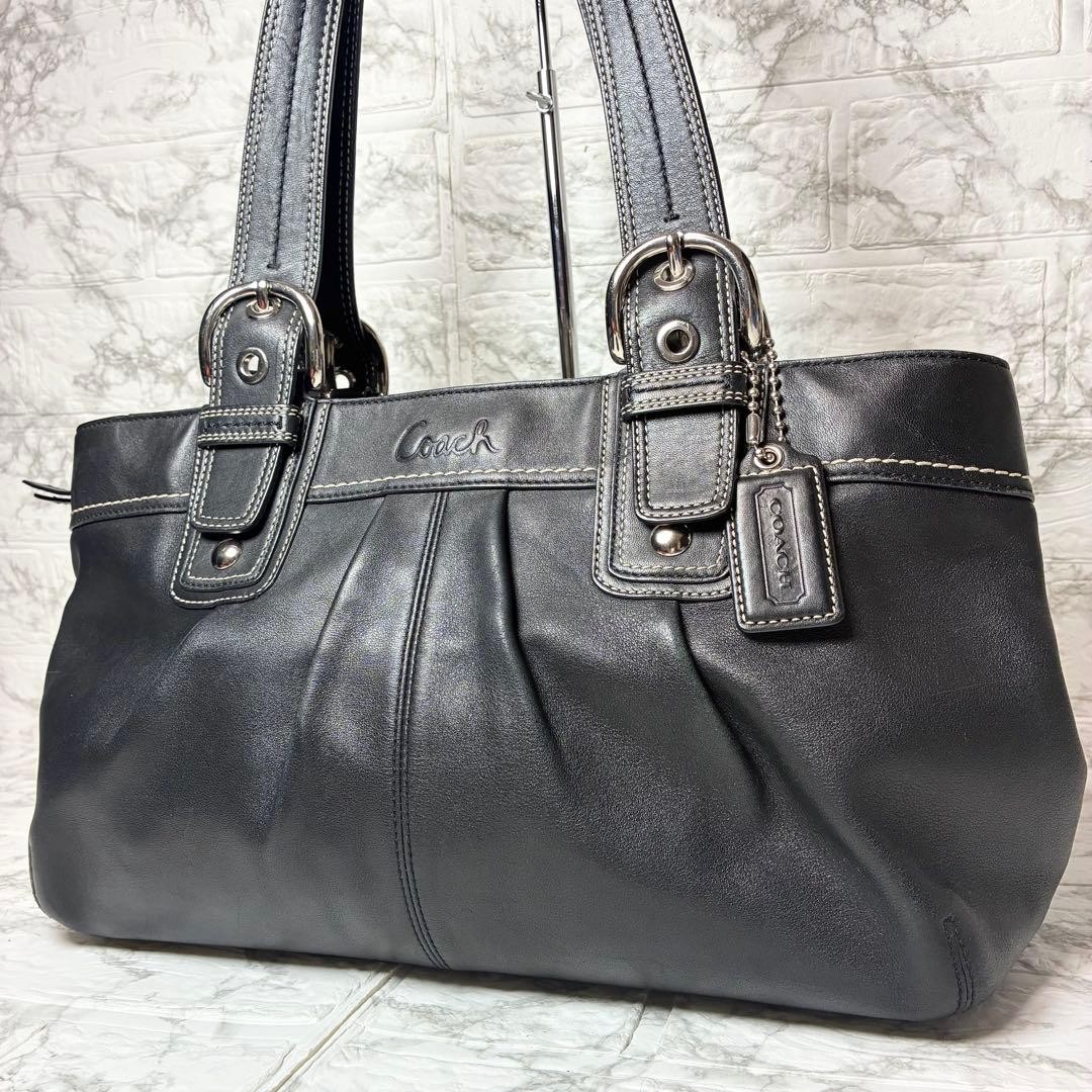 Coach Women's Tote Handbag Purse Black Leather Solid Used Bag