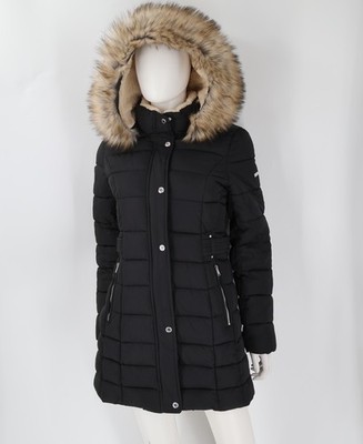 Laundry by Shelli Segal Women's Black Puffer Parka Coat Faux Fur Hood Size M