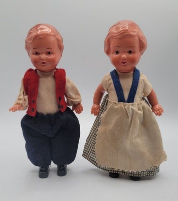 VTG Edi Celluloid German Boy & Girl Dolls with Fabric Outfits!