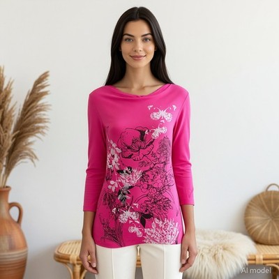 Boho Tunic Top Pink Black Floral Jersey Oversized Sleeve Stretch Hippie US 6