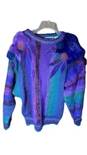 Maritea Kim Sweater M Purple 3D Floral Beaded Knit Fuzzy Shoulder 80s 