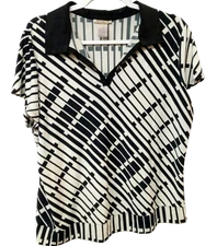 Exit  3XL black white geometric collared spandex stretch short sleeve top