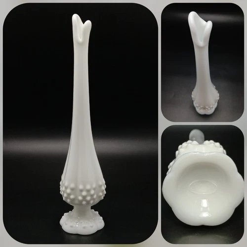 Fenton Swung Bud Vase Hobnail Milk Glass 11" Pedestal Base Vintage