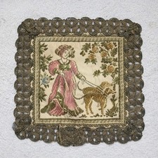 Vtg Tapestry Victorian French Country Scene Lady Dogs Jacquard Lace Decor Small 