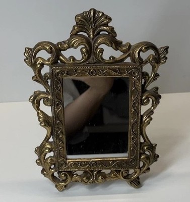 Vtg Gold Vanity Mirror Ornate Rococo Hollywood Regency Tabletop Easel Baroque