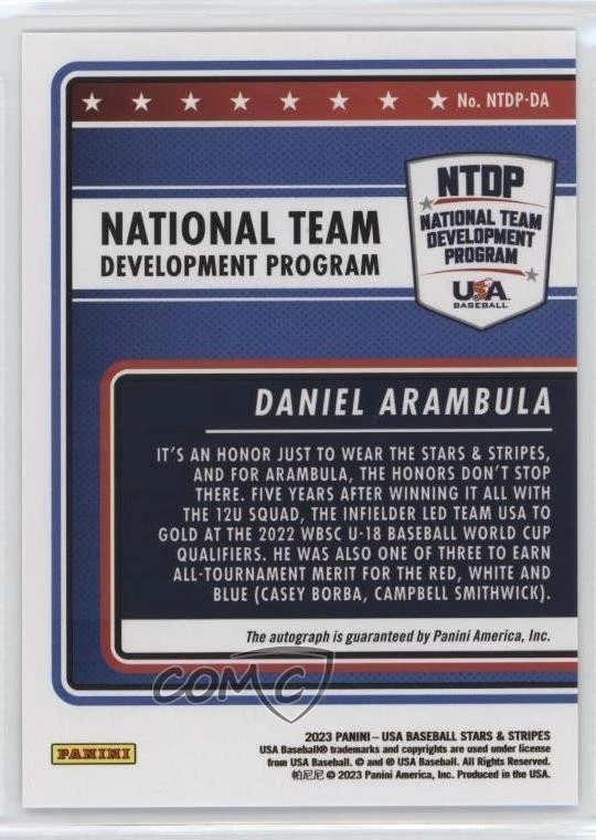 2023 Panini USA Baseball Stars & Stripes Holo /25 Daniel Arambula #NTDP-DA Auto - Image 2 of 2