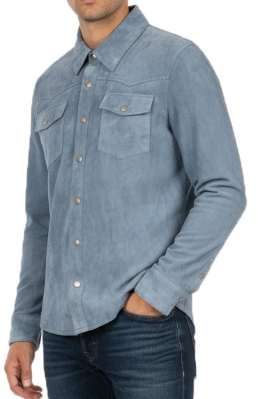 Men's Real Goat Suede Trucker Shirt Jacket Classic Western Blue Tan Grayson