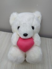 White Plush vintage small teddy bear holding pink heart sitting