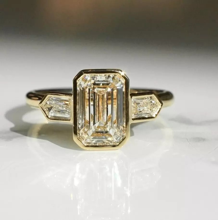Trilogy Engagement Ring Bezel Set Emerald Cut Moissanite Wedding Promise Ring-image